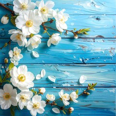 Blossoms on a distressed blue wood background