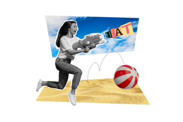 Composite photo collage of happy excited girl shoot water gun summer game sand beach sky cloud weather ball isolated on painted background