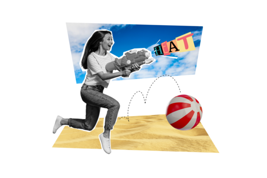 Composite photo collage of happy excited girl shoot water gun summer game sand beach sky cloud weather ball isolated on painted background