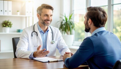 Obraz premium Smiling doctor consulting a male patient in bright modern clinic creating concept of trust communication healthcare and medical professional service with natural daylight interior