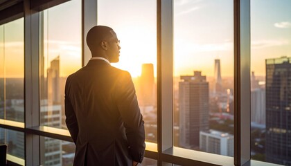 Fototapeta premium Businessman standing near large window overlooking city skyline at sunrise symbolizing success vision and leadership with warm sunlight and modern urban architecture background