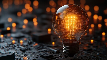 Lit bulb with circuit board, glowing inside