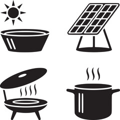 A collage of black and white icons showing a sun, bowl, solar panel, grill, and cooking pot image