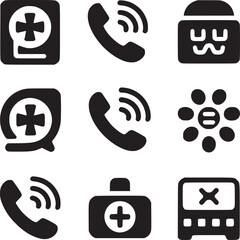 A grid of black medical and communication icons including phones and first aid symbols on white background
