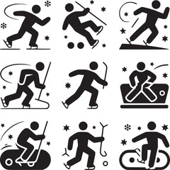 A collection of black and white silhouette icons depicting ice skating and hockey activities on white