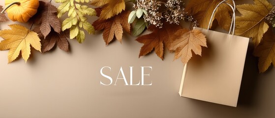 A simple tote bag with the word sale is displayed among vibrant autumn leaves and a small pumpkin on soft fabric.