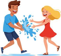 Cheerful Cartoon Couple Playfully Splashing Water to Each Other Illustration Design