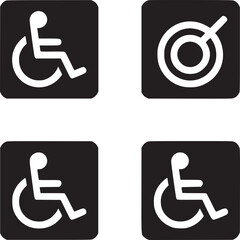 Four black squares with white symbols showing accessibility and handicap access in black and white