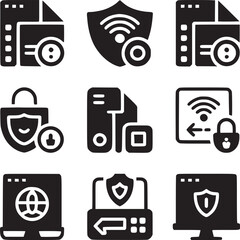 Nine black glyph icons representing data security and network protection on a white background
