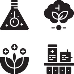 A black and white illustration of science and nature icons in a square format on a white background