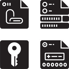 Four black and white icons depicting a paperclip, data, a key, and a file with data symbols