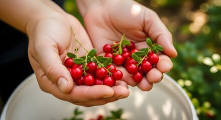 Hands holding several clusters of small, bright red berries with green leaves above a white bucket in a garden, emphasizing the vibrant color, freshness, and nutritional value of these wild fruits.