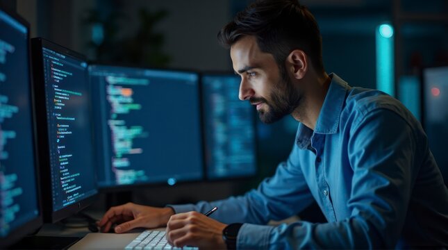 Man Working Late Night On Computer Coding In Dark Office.