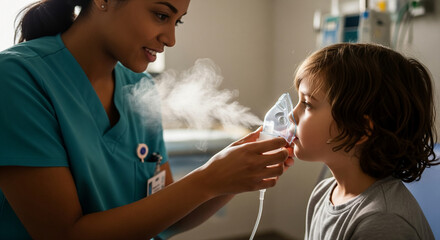 A compassionate female nurse provides pediatric respiratory therapy, assisting a young boy with a nebulizer mask for his asthma treatment in a hospital clinic