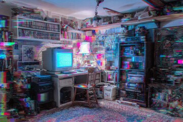 An old computer setup in a cluttered room shows significant colorful digital video signal distortion and screen static.