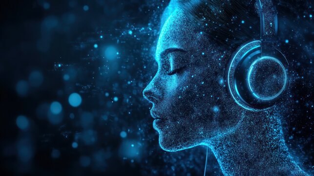 Digital woman listening to music, abstract profile view