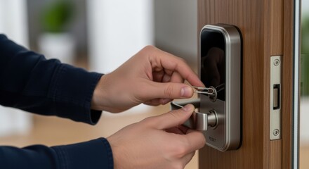 Naklejka premium Handson demonstration of factory reset and repairing process of a smart deadbolt lock illustrating troubleshooting and security maintenance tips.