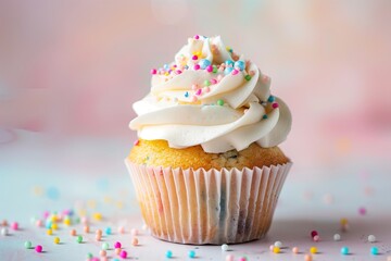 Cupcake with vanilla frosting and rainbow sprinkles, soft pastel gradient background, dreamy dessert concept.
