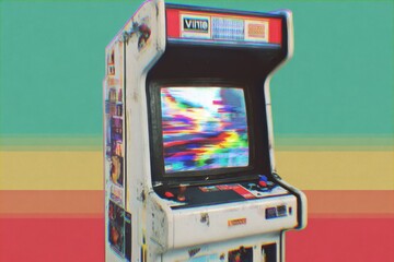 A vintage arcade game cabinet stands against a colorful background with a heavily distorted screen display.