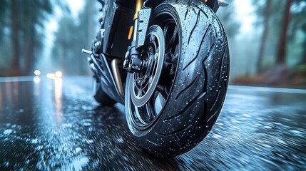 Motorcycle on wet road, rainy forest