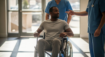 Hopeful journey of a male patient in a wheelchair guided by caring nurses in a sunlit medical center, symbolizing support and rehabilitation