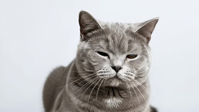 This captivating close-up features a majestic gray cat with stunning golden-yellow eyes, looking directly into the camera with a calm and observant expression, then subtly shifting its gaze. The anima