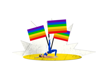 Composite collage picture image of sporty girl stretch lgbt rainbow flag isolated on creative background