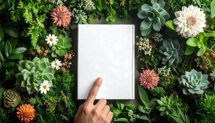 Book amidst vibrant greenery and succulents