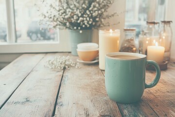 Coffee on a wooden table and a candle. Generative AI