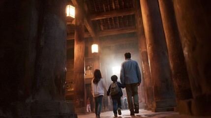 Fototapeta premium A family walks through a dimly lit ancient architectural hall illuminated by lanterns