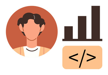 Person with short hair in profile circle, bar chart symbolizing progress, and programming code tag. Ideal for tech careers, coding skill growth, programming success, innovation potential, personal