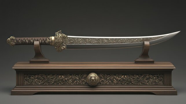 Ornate sword on wooden stand - Powered by Adobe