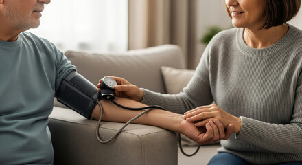 Caring senior wife helping her elderly husband monitor his arterial blood pressure using a modern tonometer at home for health management