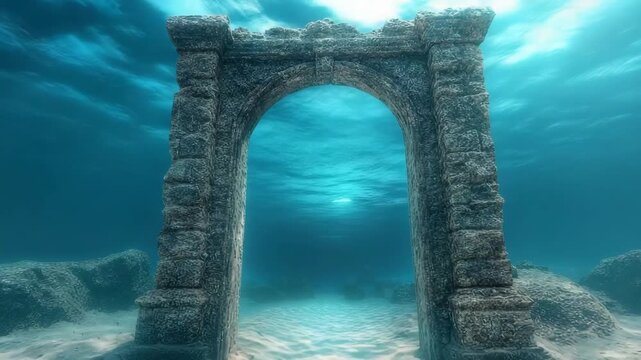 Magical underwater gate emerges from the ocean floor surrounded by ancient ruins and marine life
