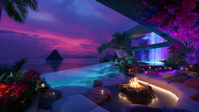 luxurious ocean terrace with pool and fire bowl vibrant purple blue and magenta sky serene magical atmosphere scenic view