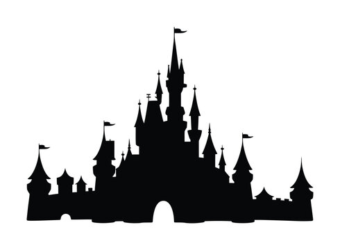 Castle silhouette black and white fairytale vector illustration