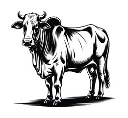 Fototapeta premium Bull animal black and white vintage vector drawing