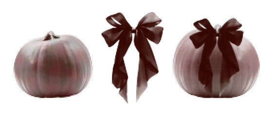 Dot effect pumpkin icon, halftone textured bow sticker. Vintage collage elements.