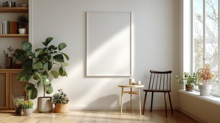 A white framed picture hangs on a wall