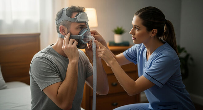 A caring female nurse assists a male patient at home in adjusting his sleep apnea mask for CPAP therapy to treat breathing problems - Powered by Adobe