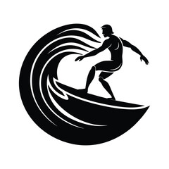 A dynamic black and white silhouette of a male surfer expertly riding a powerful, curling ocean wave in a stylized graphic design