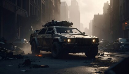 Post apocalyptic armored lifted car with roof rack and stuff