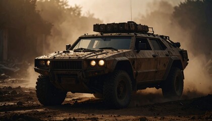 Post apocalyptic armored lifted car with roof rack and stuff