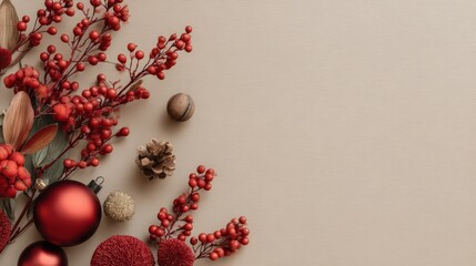 A red and white background with red berries and a red ornament