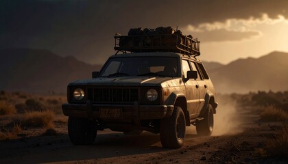 Post apocalyptic armored lifted car with roof rack and stuff