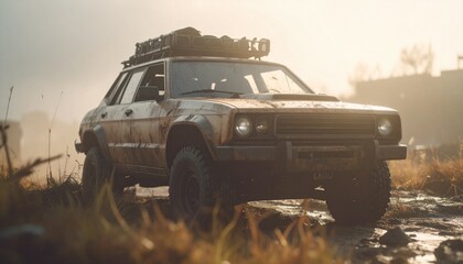 Post apocalyptic armored lifted car with roof rack and stuff