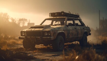 Post apocalyptic armored lifted car with roof rack and stuff