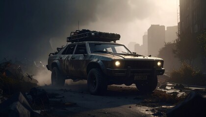 Post apocalyptic armored lifted car with roof rack and stuff