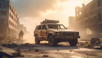 Post apocalyptic armored lifted car with roof rack and stuff