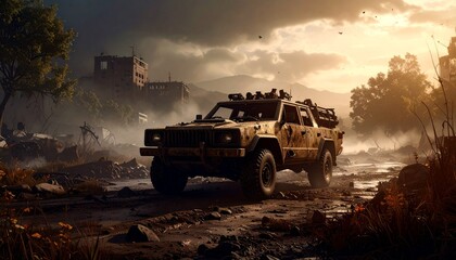 Post apocalyptic armored lifted car with roof rack and stuff